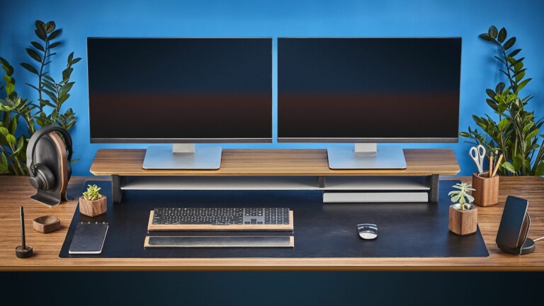 Grovemade Leather and Wood Keyboard Wrist Rest offers cushioning for comfy typing